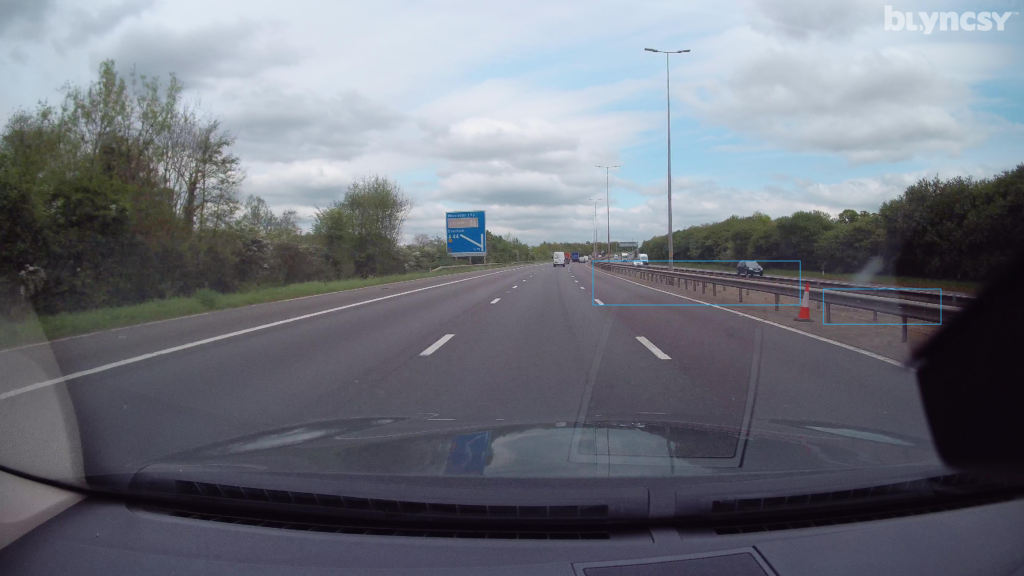 Image of a highway in the United Kingdom showing a guardrail detected by Blyncsy AI software
