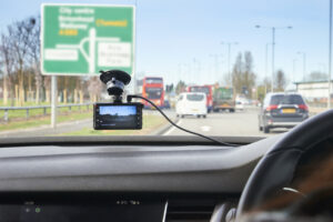 Dashcam in the windscreen of a car.