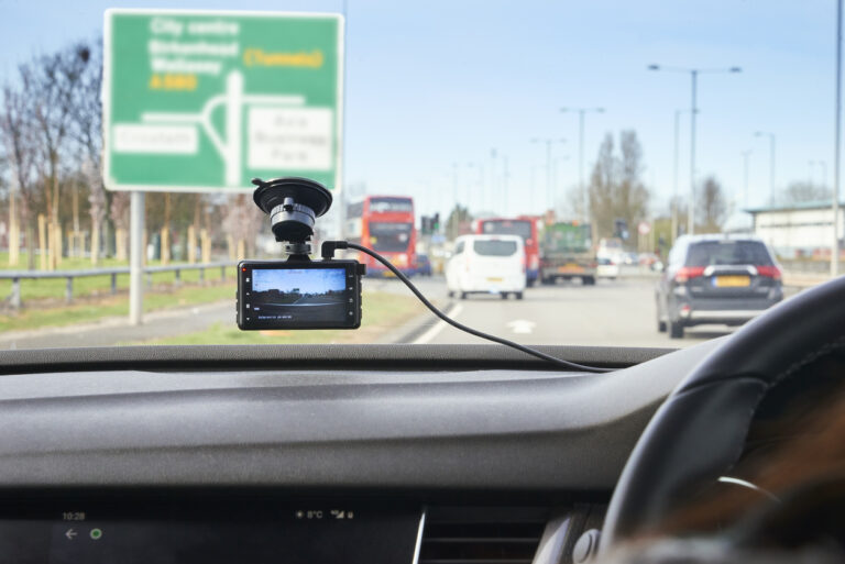 Dashcam in the windscreen of a car.