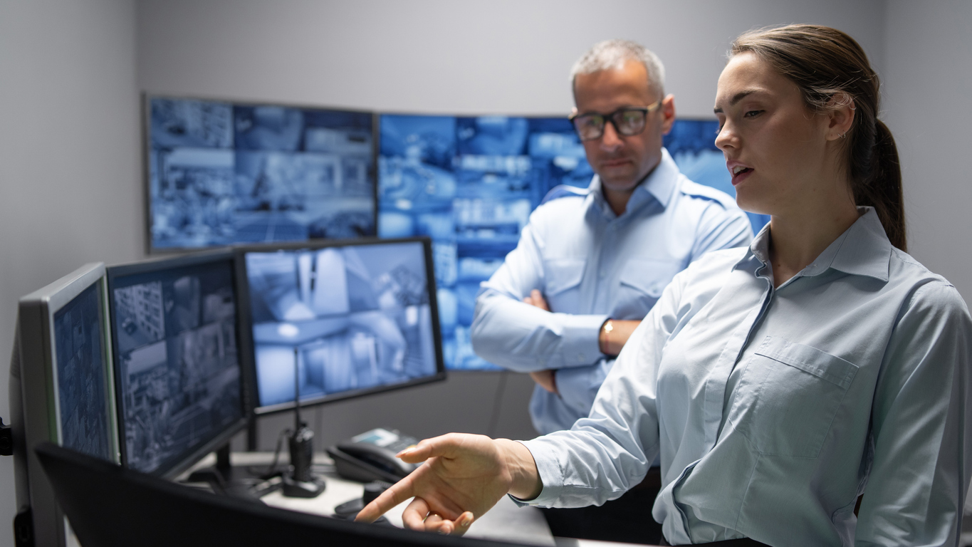 A woman shows her male boss Google Street View images on computer monitors for change detection.