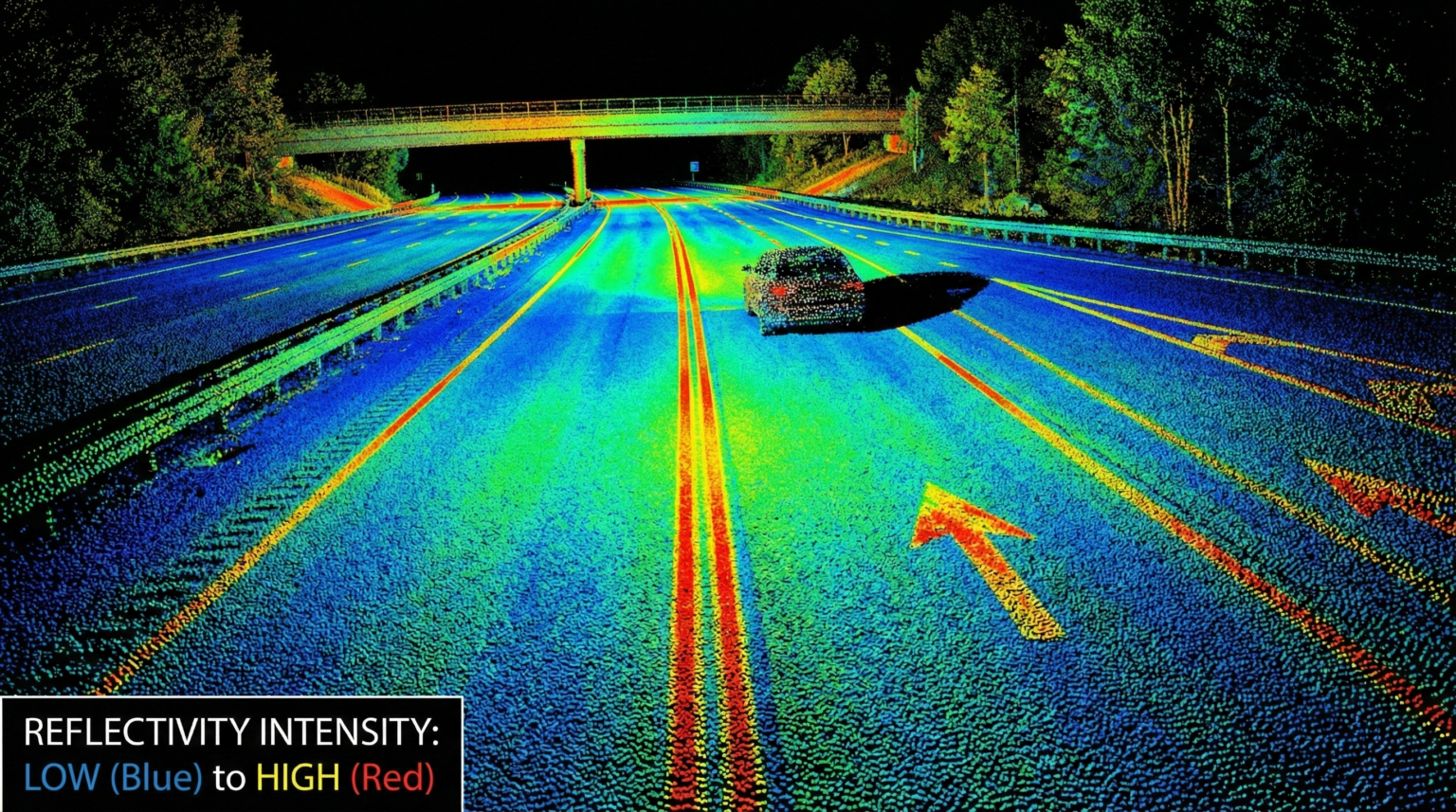 A LiDAR scan of a roadway to measure pavement marking retroreflectivity.