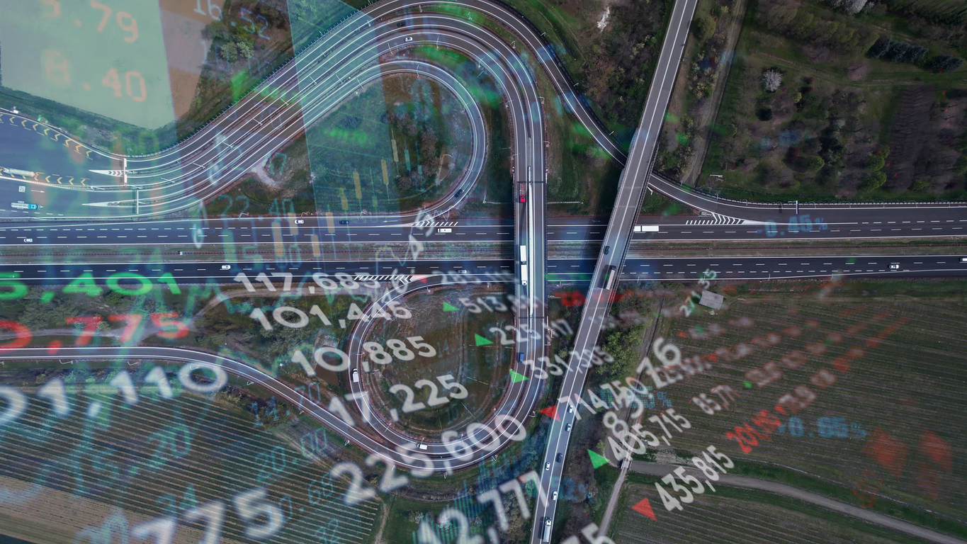 Road with data technology and currency on virtual screen.