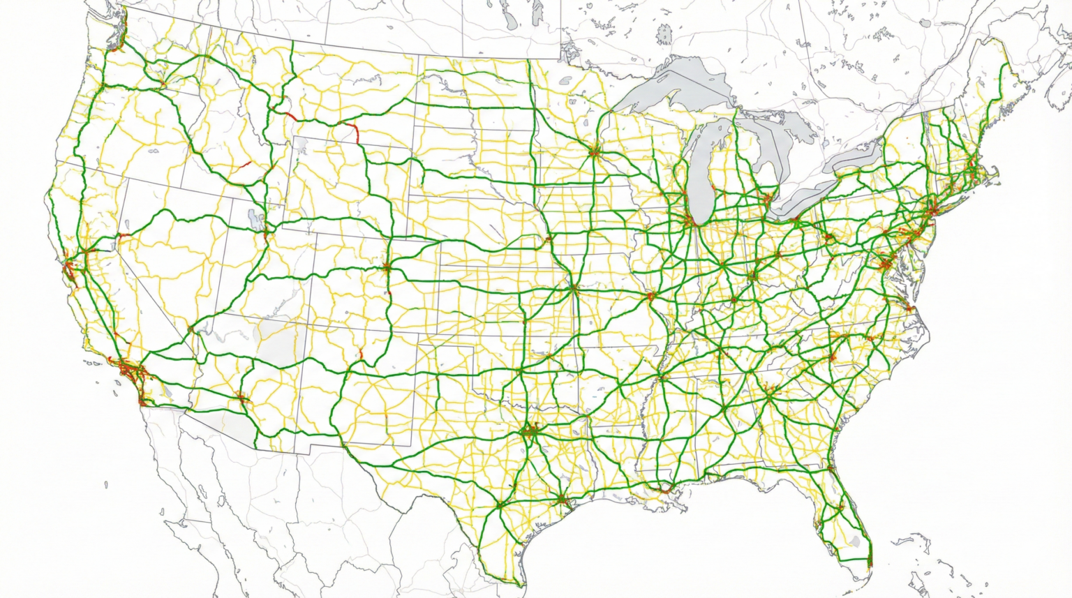 United States road network showing an example of paint line retroreflectivity scores